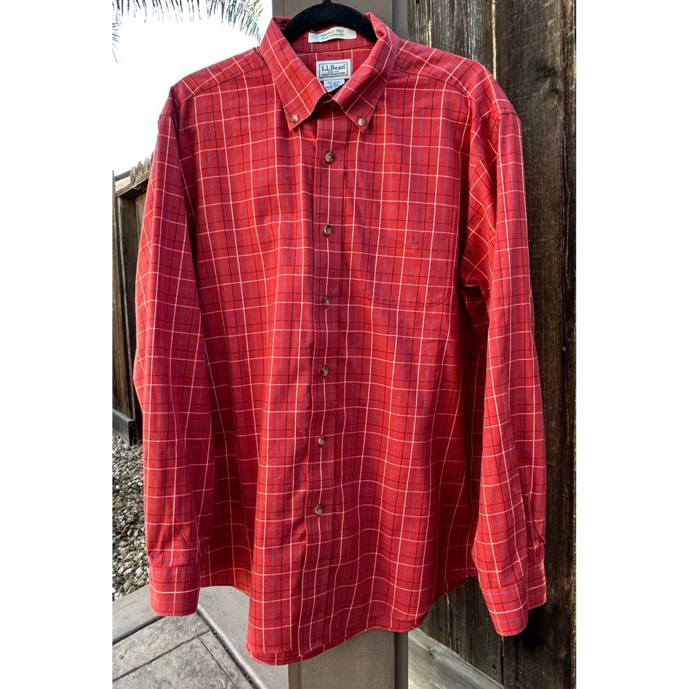 L.L.Bean Mens Large Regular Red Plaid Wrinkle Free Cotton Button Down Shirt